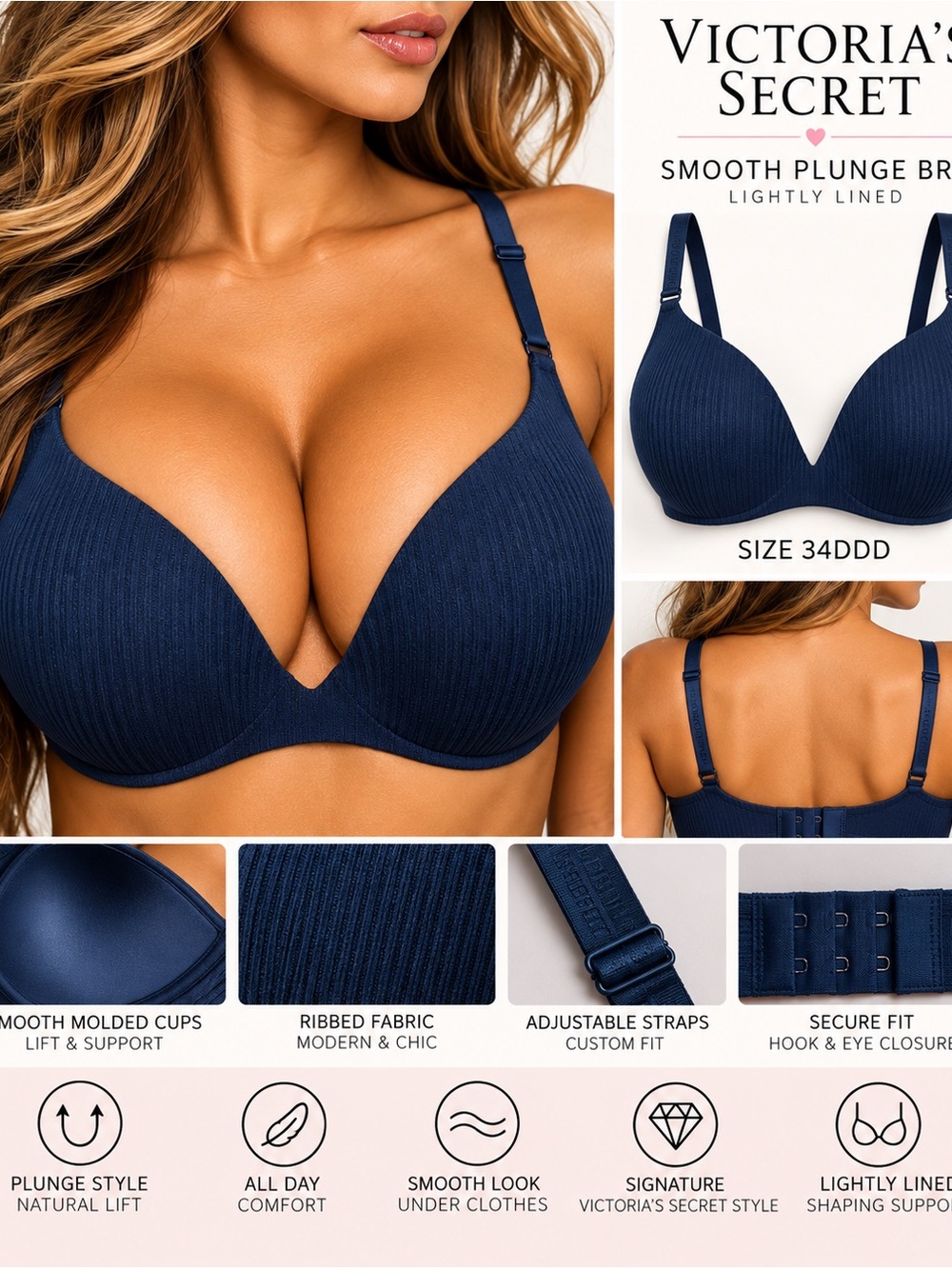 Victoria's Secret Ribbed Navy Wireless Bra Sz 34DDD NWT